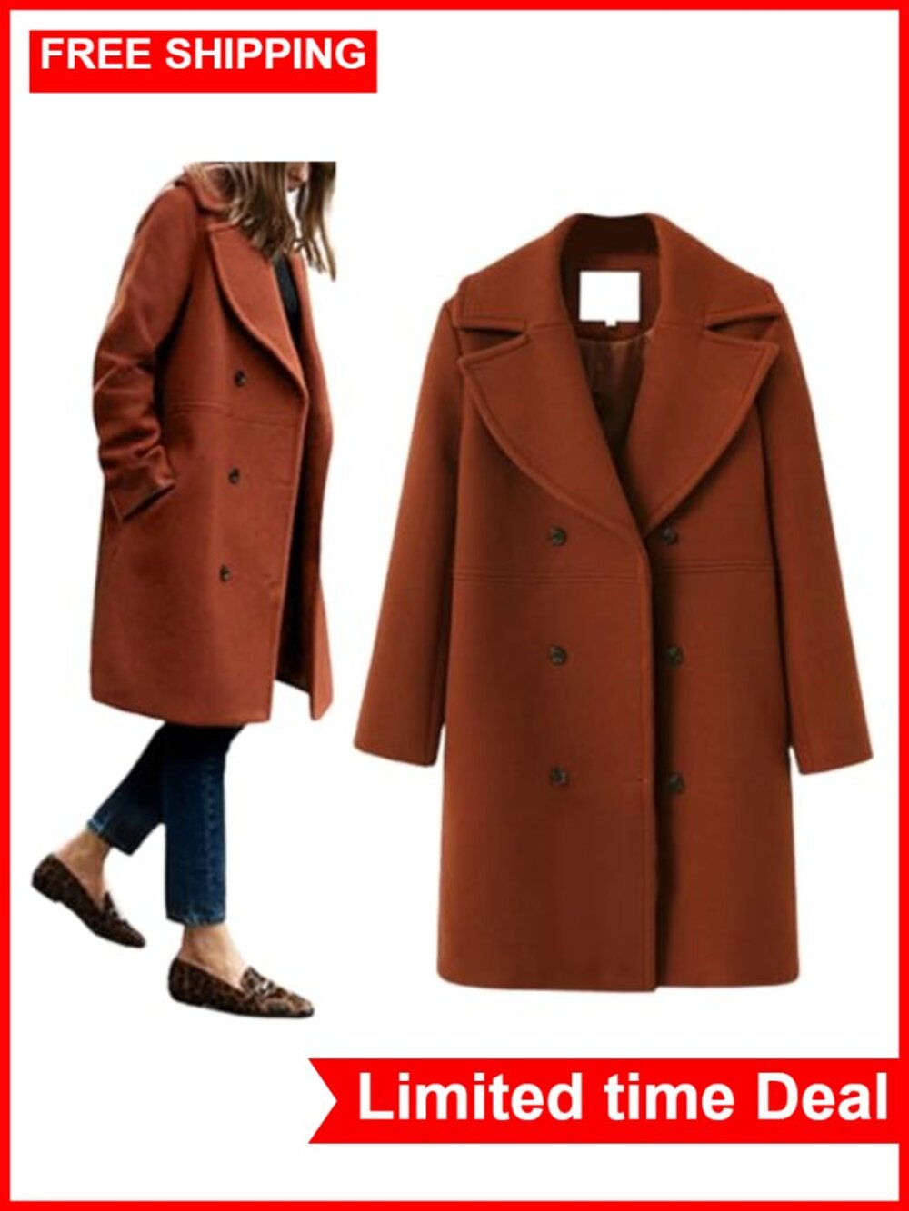 Women's Wool Blend Pea Coat Notch Lapel Midi Overcoat Business Winter
